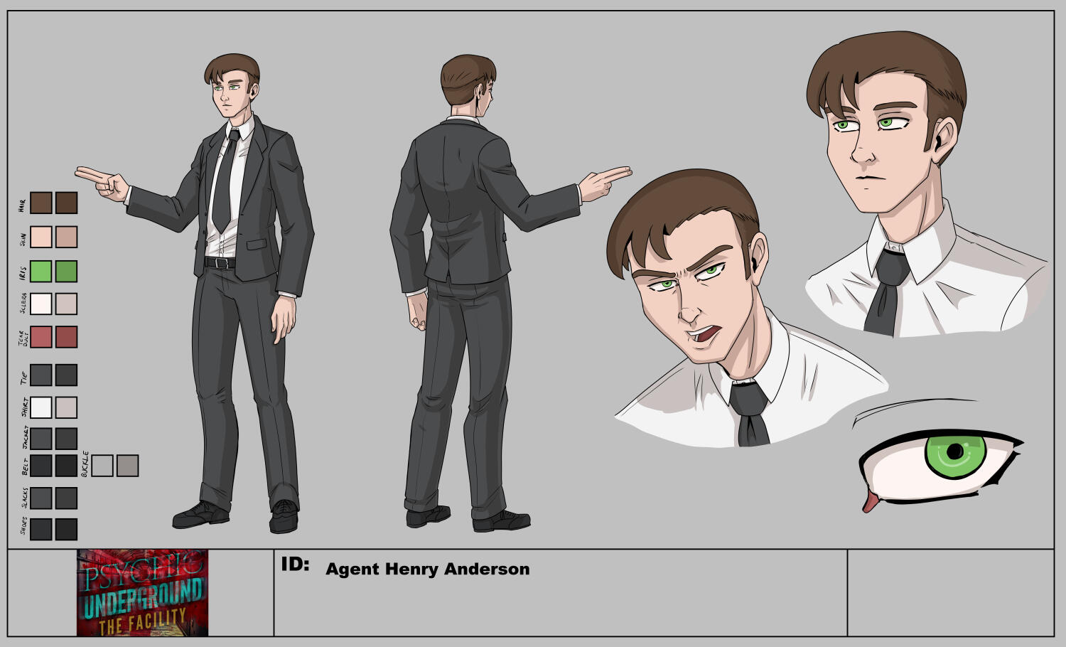 Character design sheet for Agent Henry Anderson from my novel series Psychic Underground. He's a pretty plain white guy in a dark suit and tie with bright green eyes and short brown hair.