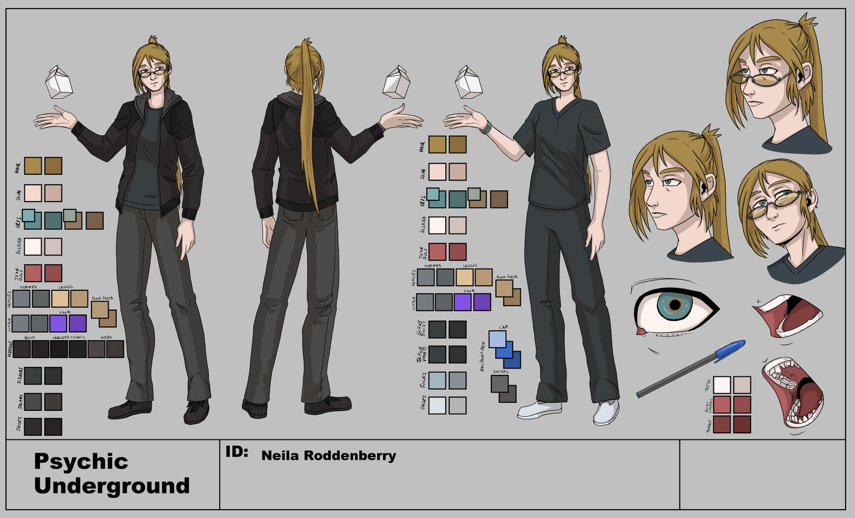 Character design sheet for the character of Neila from my novel series Psychic Underground. She's a bit disheveled blonde woman with long hair in a messy ponytail and dark clothing who wears glasses.