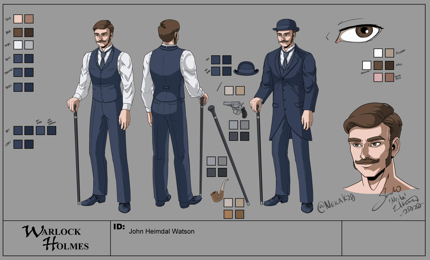 Character design sheet fanart of John Heimdal Watson from the Warlock Holmes novel series. He's a pretty standard Watson, average white guy British noble looking man with a cane and bowler hat and mustache. Other details include a small revolver.