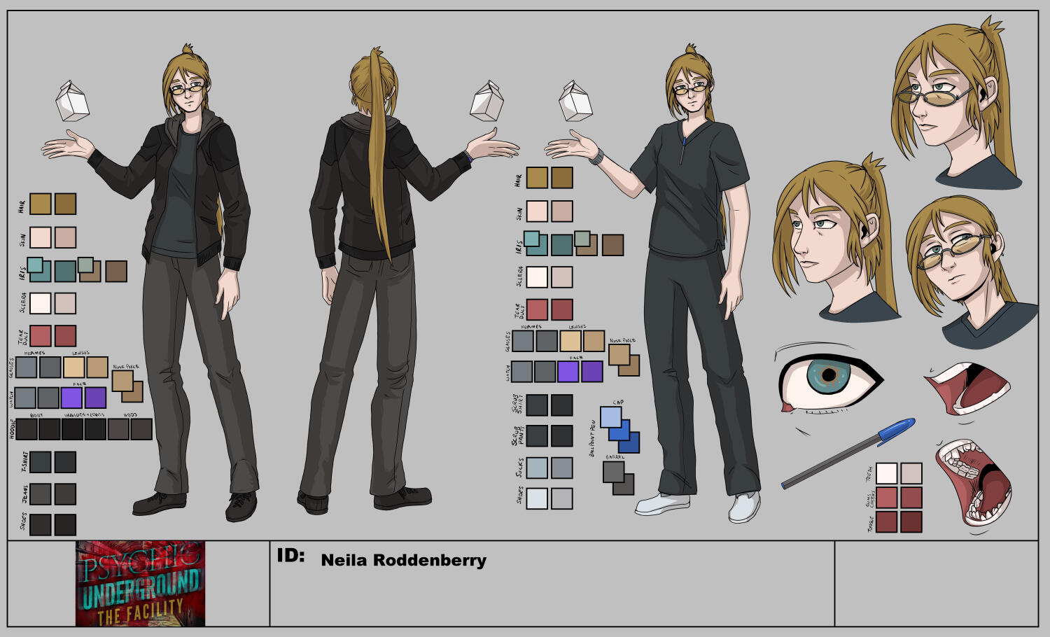 Character design sheet for the character of Neila from my novel series Psychic Underground. She's a bit disheveled blonde woman with long hair in a messy ponytail and dark clothing who wears glasses.