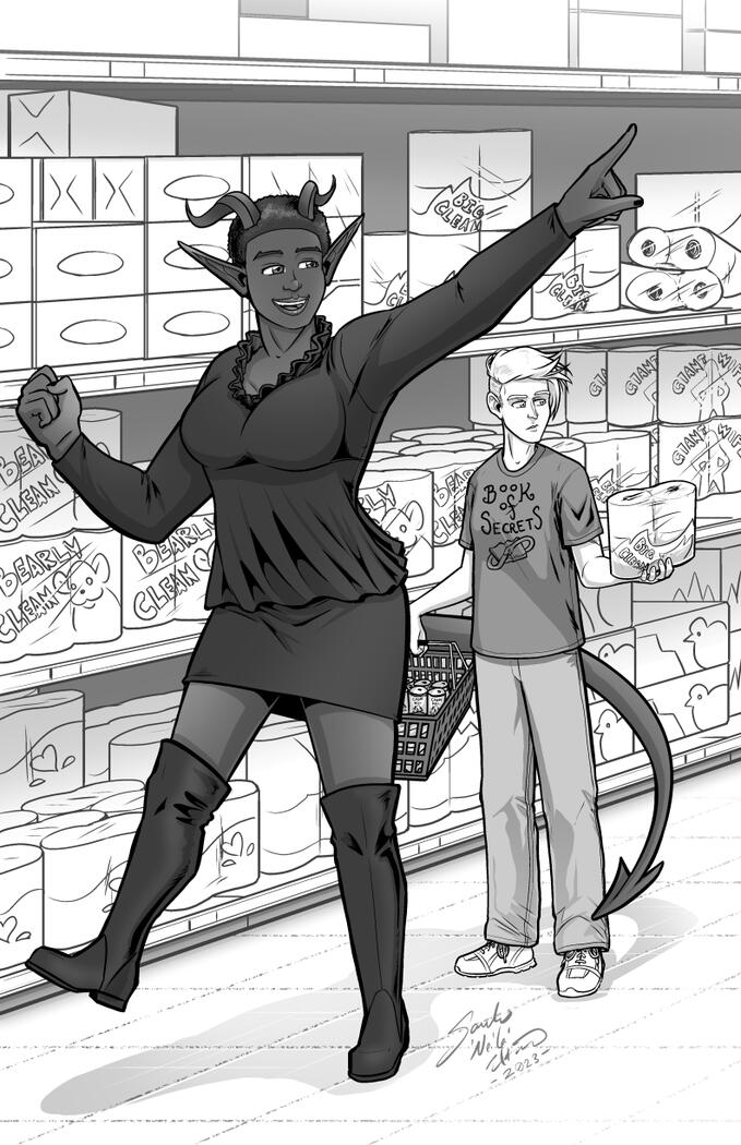 The toilet tissue aisle of a grocery store. Page Simmons stands, holding a small hand basket and a four pack of toilet paper. They wear a t-shirt that reads "Book of Secrets" and light colored jeans with tennis shoes. A long forked tail curls around them a