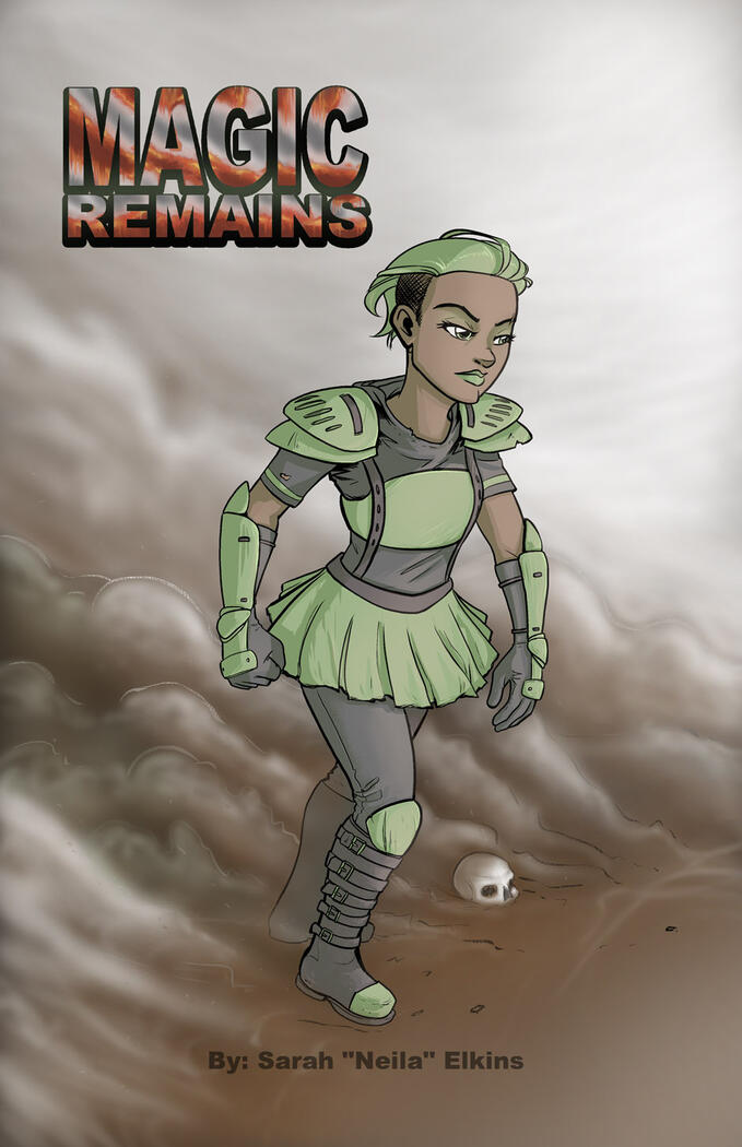 A dark skinned girl emerges from billowing smoke and dust while wearing mint green armor and a matching green skirt over dark denim jeans and mismatched boots. There is a skull at her feet. Text on the image reads "Magic Remains"