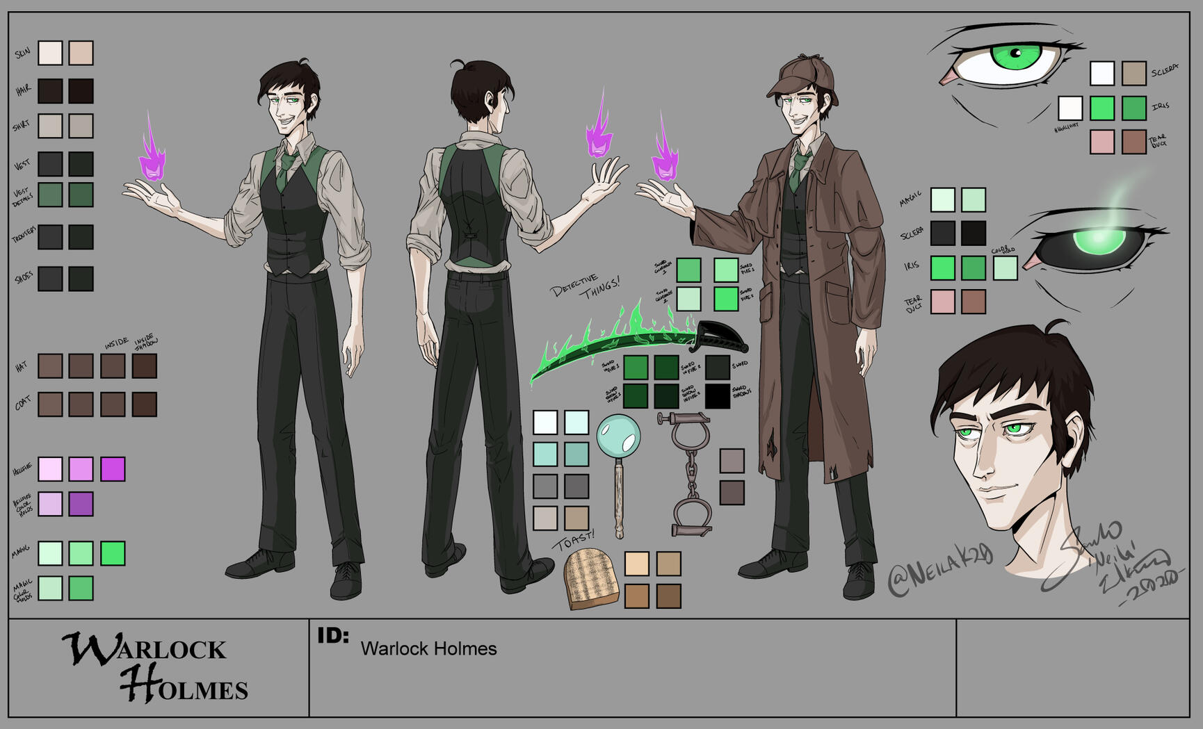 Character design fanart sheet of the character Warlock Holmes from the Warlock Holmes novel series. He's like Sherlock Holmes but probably possessed by one or more demons. He stands with purple fire floating above one hand. Details also include a flaming s