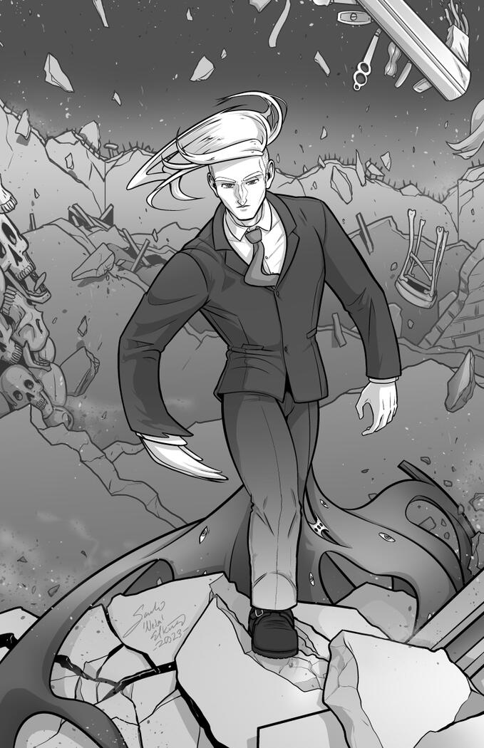 Digital illustration of a pile of rubble that was once the nightclub called "Stick Shifter's." Debris rains from the sky, including a bar tap and stool, as a broad shouldered buff figure in a dark suit and tie steps forward. This figure is Detective Page S