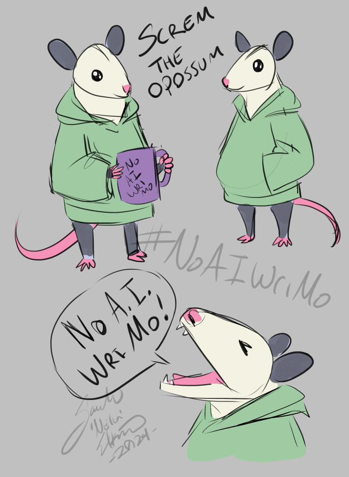 Digital sketches of a cartoon Virginia opossum wearing a mint green hoodie. In first sketch they are holding a purple mug that says "NoAIWriMo." In the second sketch they have both hands in the pouch of their hoodie. The bottom sketch is a close up of thei