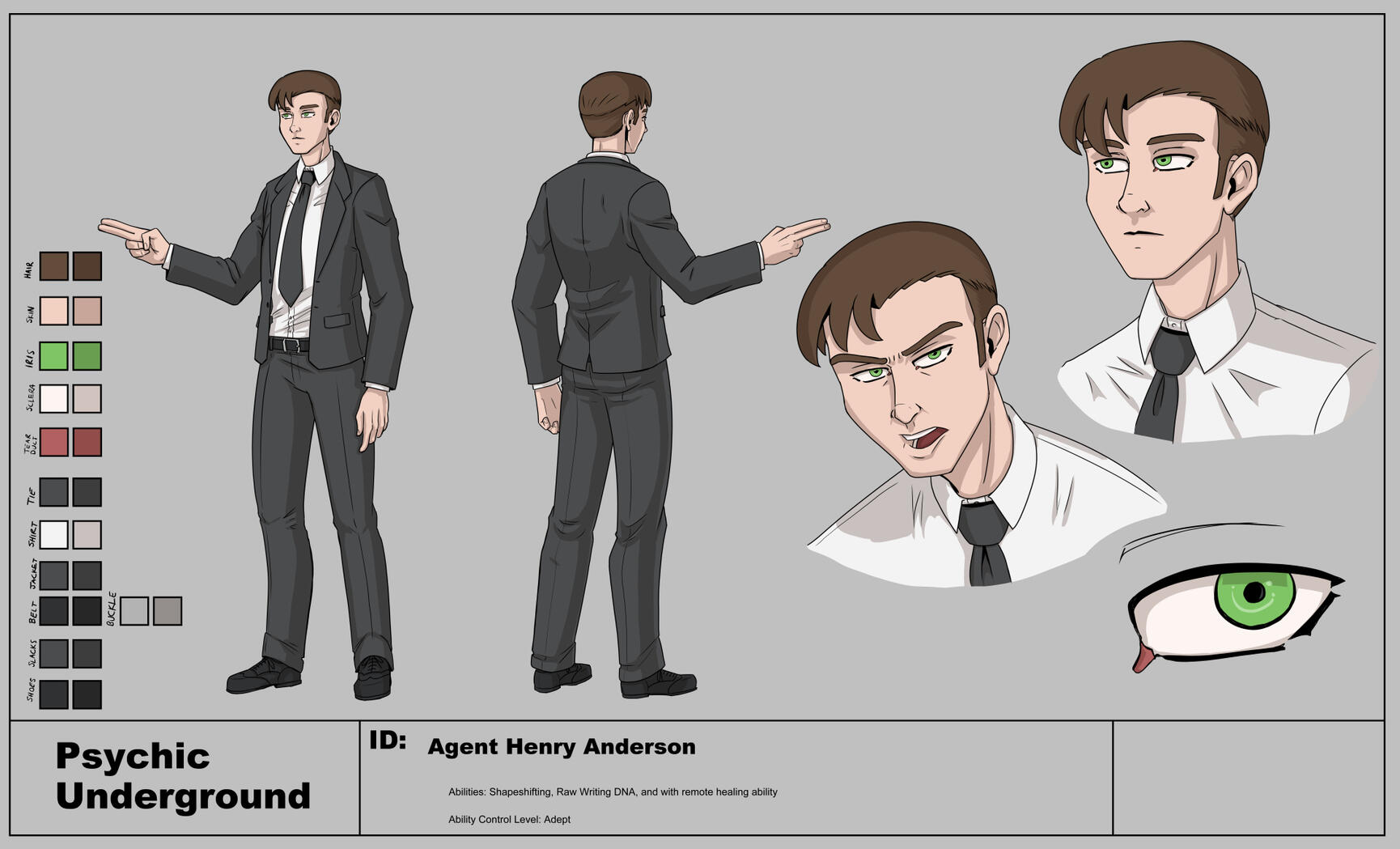 Character design sheet for Agent Henry Anderson from my novel series Psychic Underground. He's a pretty plain white guy in a dark suit and tie with bright green eyes and short brown hair.