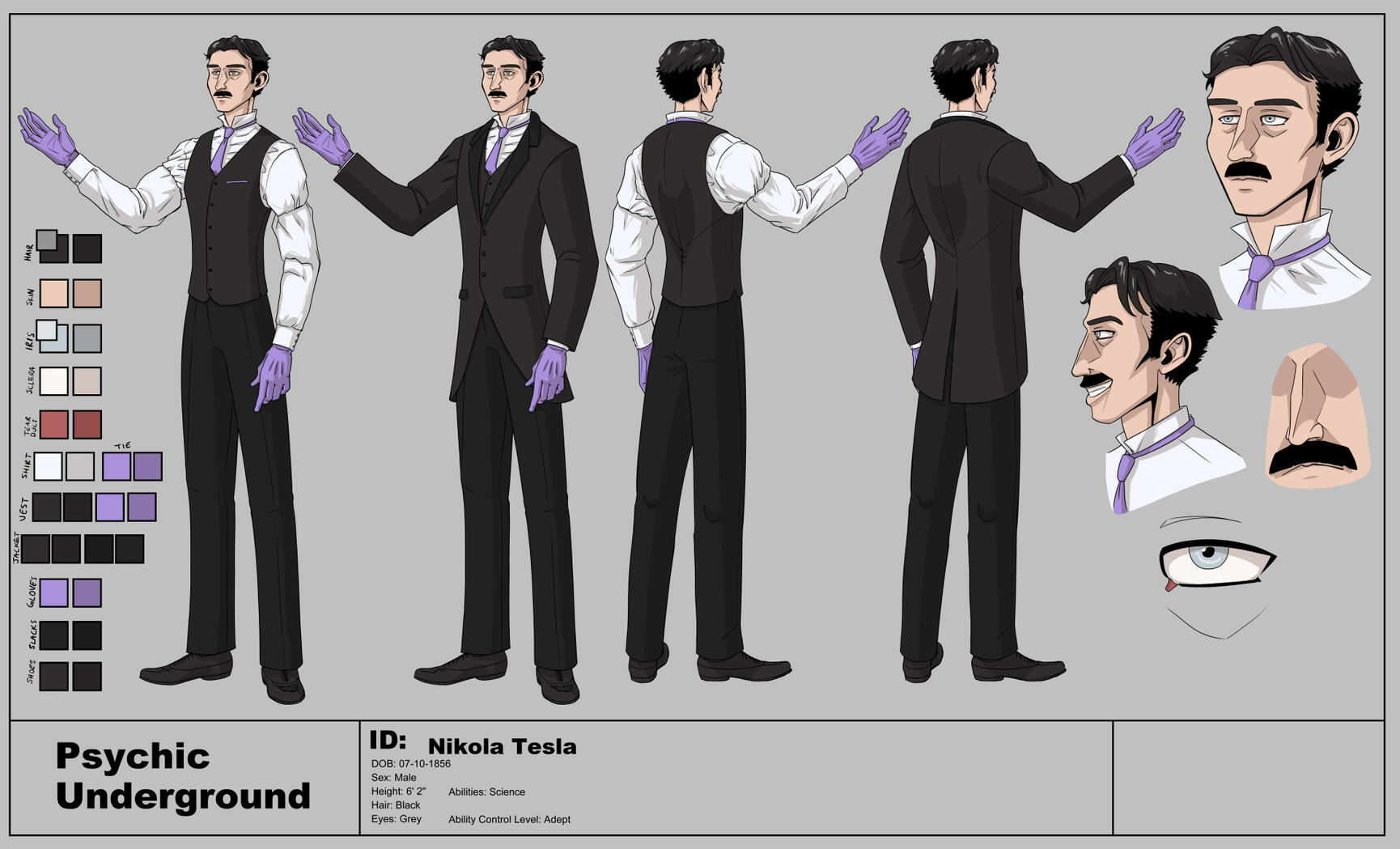 Character design sheet for Nikola Tesla from my novel series Psychic Underground. He's a tall white man with dark hair who wears a suit and tie from the 1800s. He's wearing purple gloves so overall his color palette mimics the asexual pride flag.