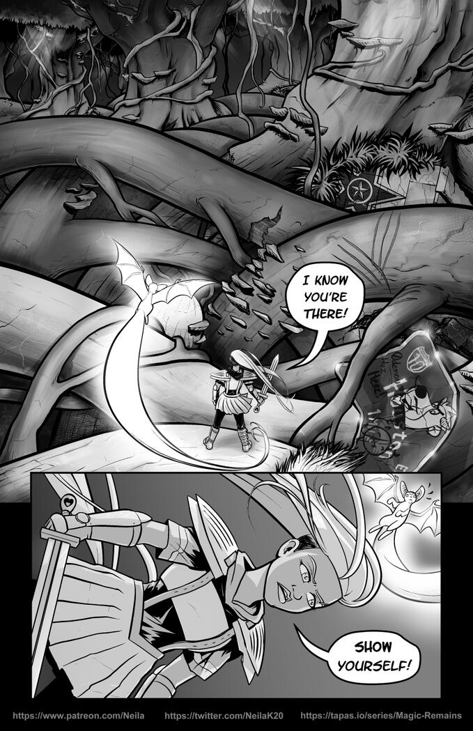 Magic Remains Chapter 01 Page 001 Panel 1: A forest made of giant trees with massive tangled roots. A winged glowing fox-like creature with bat wings flies over Melee the magical girl who holds a sword. Melee says "I know you're there!" Panel 2: Medium shot of Melee, she looks determined a
