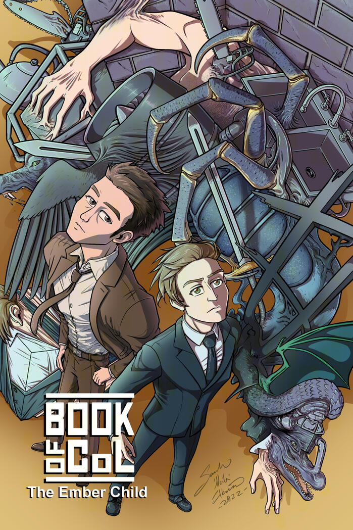 Book of CoL: The Ember Child Cover Two figures wearing suits look up at the camera. The person on the left has on a messy brown suit and tie, his short hair is also a mess. This is Detective Eugene Windgate. The person next to him wears a blue-sh black suit and tie. Their hair is a lighter