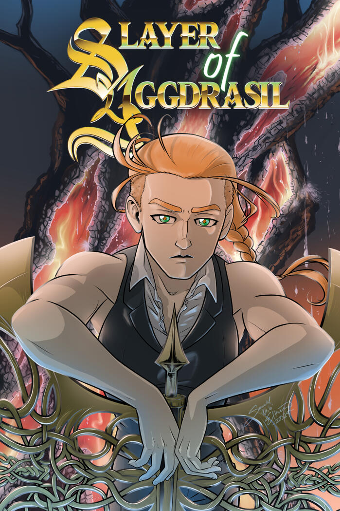 Digital art of a buff woman with strawberry blonde hair in a braid leaning her arms against a gigantic bronze axe made of countless interwoven metal vines. Behind her, a tree burns from the inside out. Text on the image reads "Slayer of Yggdrasil"