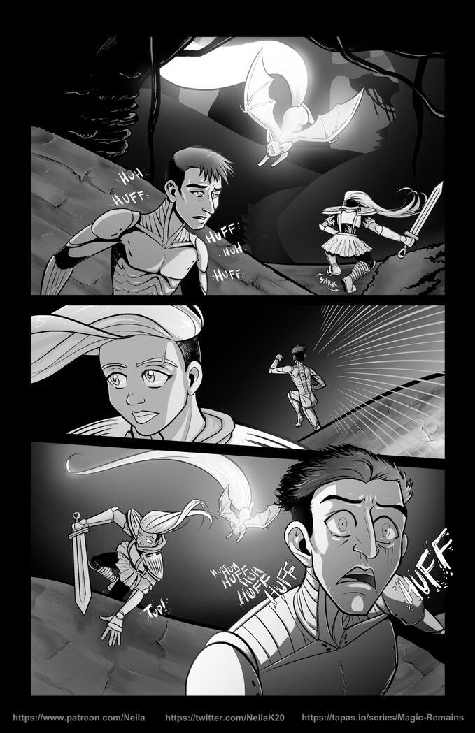 Magic Remains Chapter 01 Page 002 Panel 1: A masculine person with a mechanical body breathes heavily as they hide behind a root. Melee and her glowing creature, named Fray, search in the background. Melee still has the sword. Panel 2: The masculine person tries to run Panel 3: Melee chase