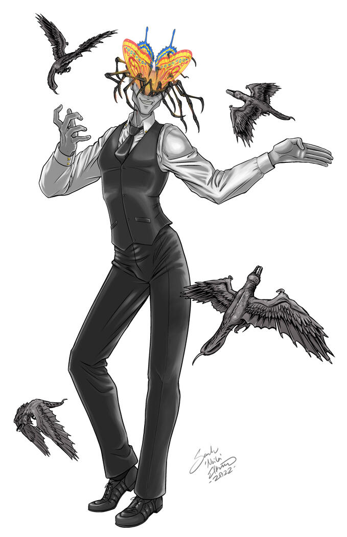 Mr. Smiles Fanart Mr. Smiles, a tall thin white man wearing a black vest and pants who is missing the top half of his head. Magical looking butterfly wings emerge from the top of his skull along with long spider-like legs. Around him fly birds that look like they were made