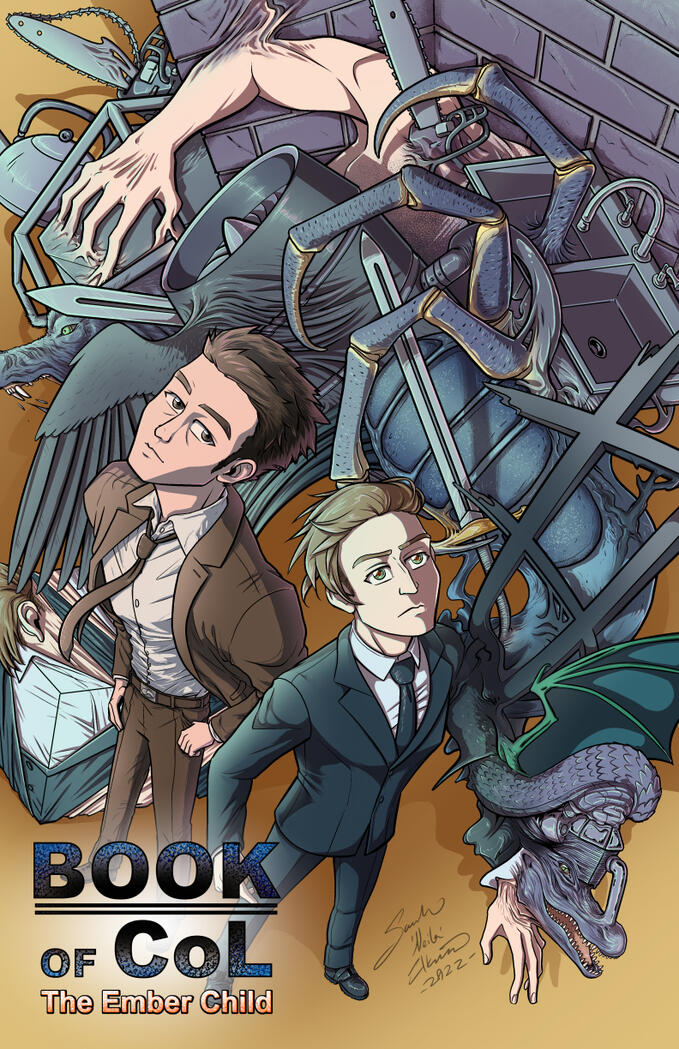 Two figures wearing suits look up at the camera. The person on the left has on a messy brown suit and tie, his short hair is also a mess. This is Detective Eugene Windgate. The person next to him wears a blue-sh black suit and tie. Their hair is a lighter